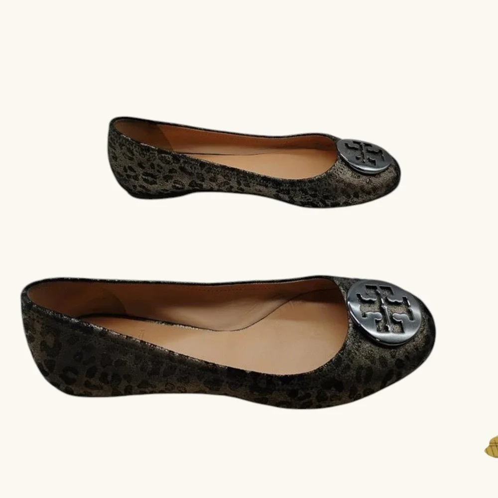 Tory Burch Ballet Flats‎ Luisa Anthracite Print Metallic Logo Women's Size 8M